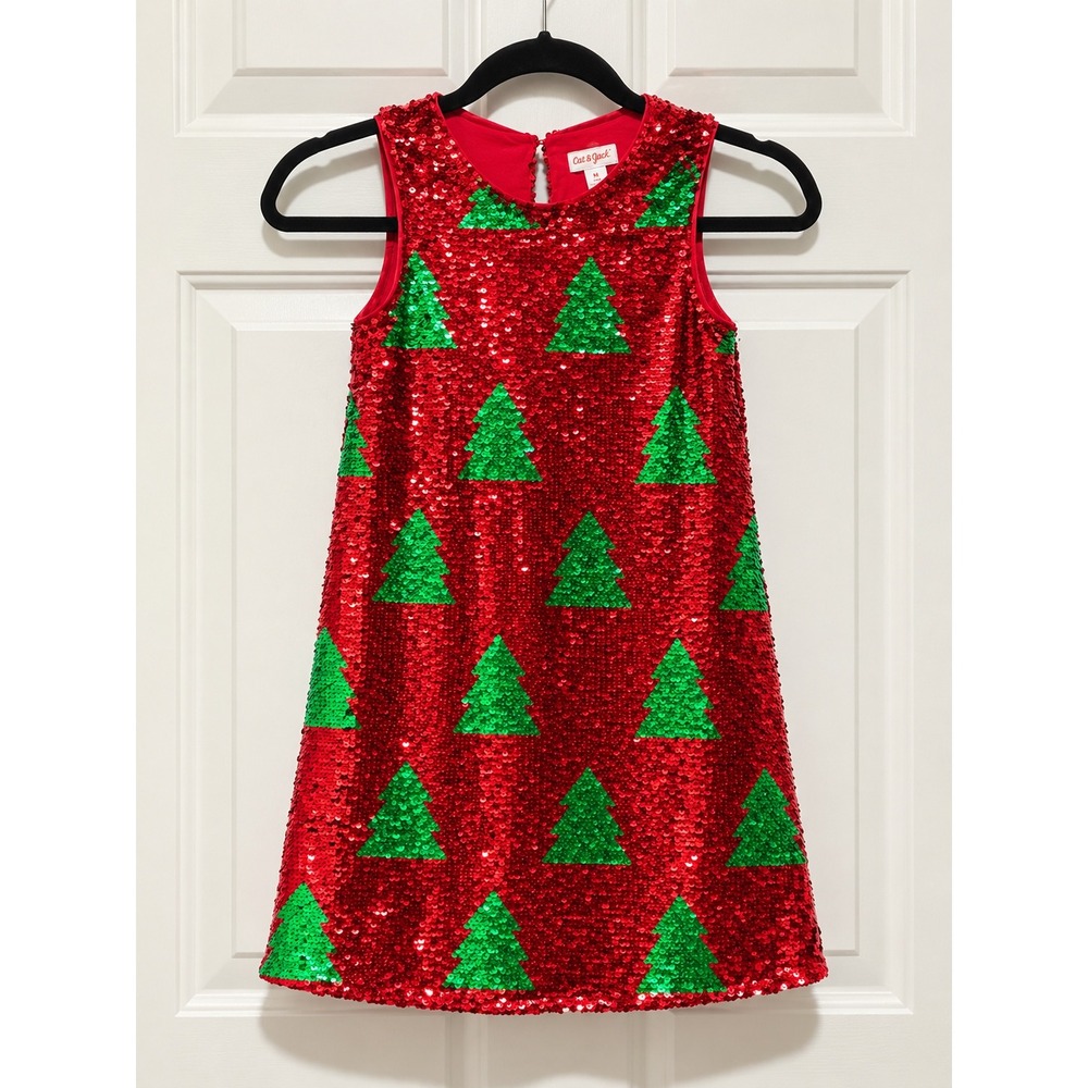 Cat & Jack Girls Red Sequin Christmas Tree Dress Size S 6/6X Holiday Party